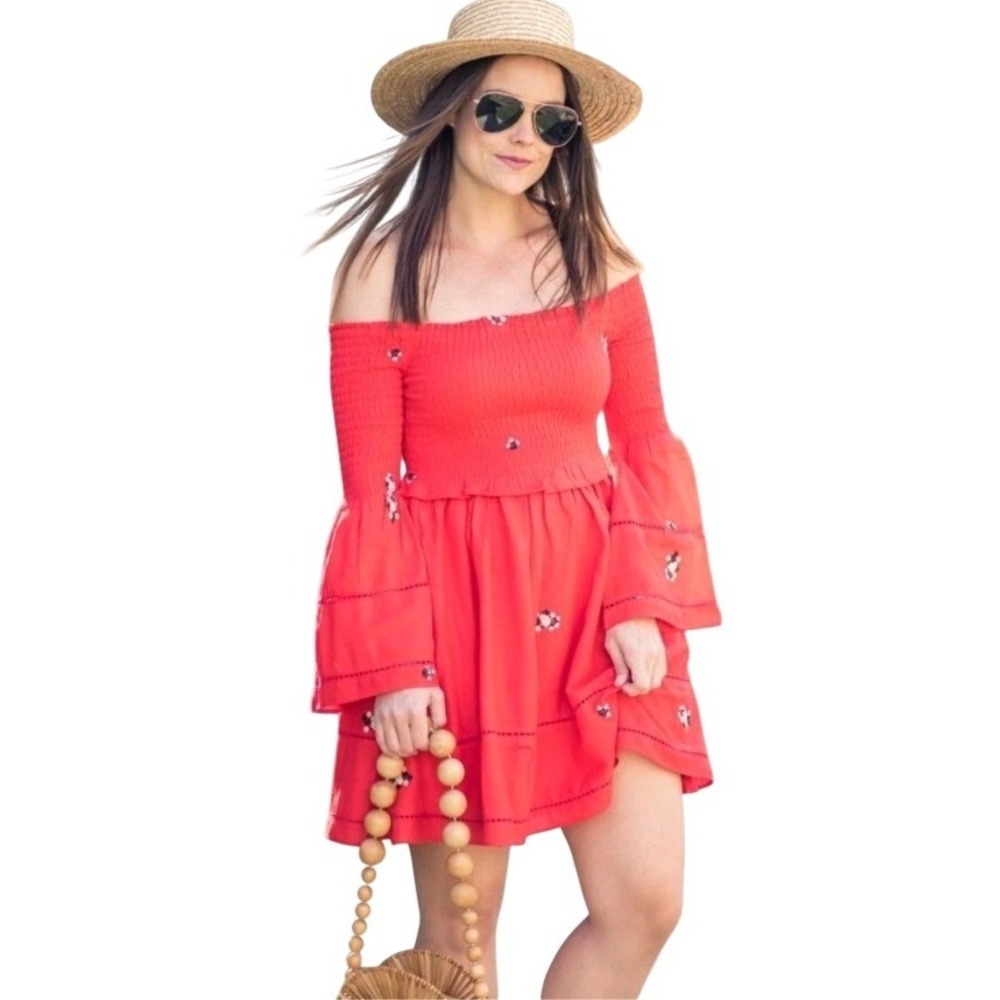 Free People‎ Chasing Daisies Red Smocked Off The Shoulder Mini Dress Small NWOT